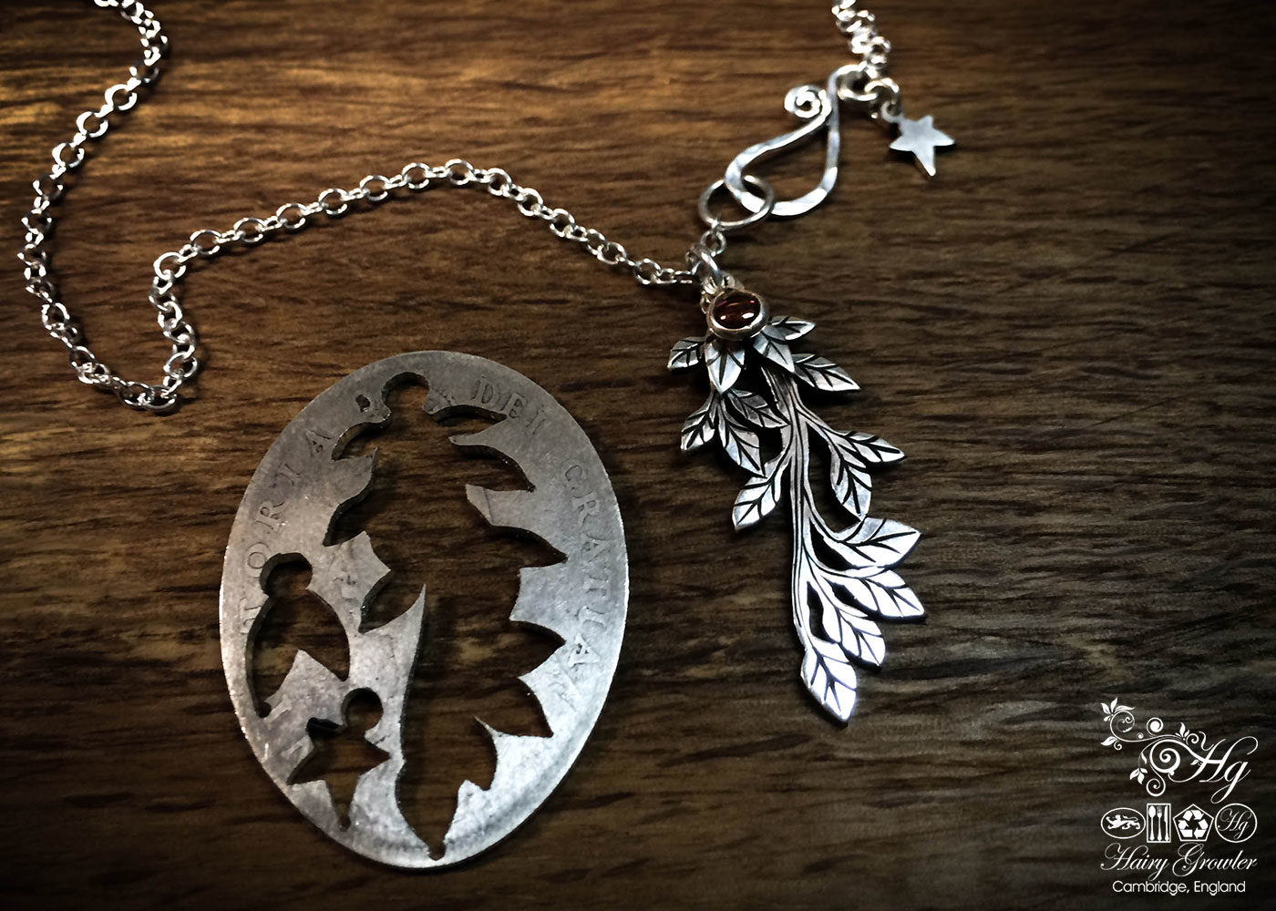 handcrafted and upcycled silver coin leafy branch necklace pendant