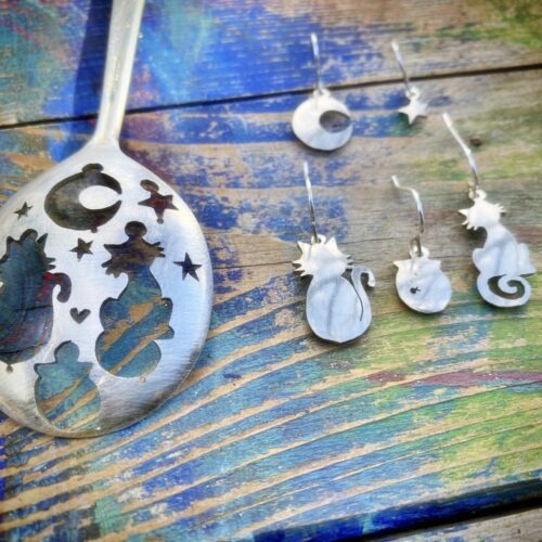 Handmade and upcycled spoon cat earrings
