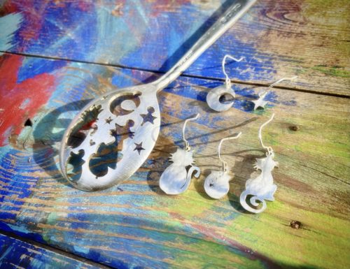 Handmade and upcycled spoon cat earrings