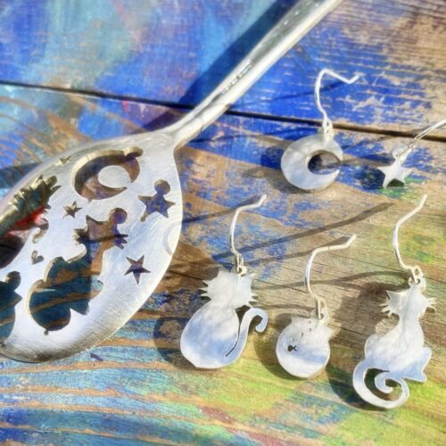 Handmade and upcycled spoon cat earrings