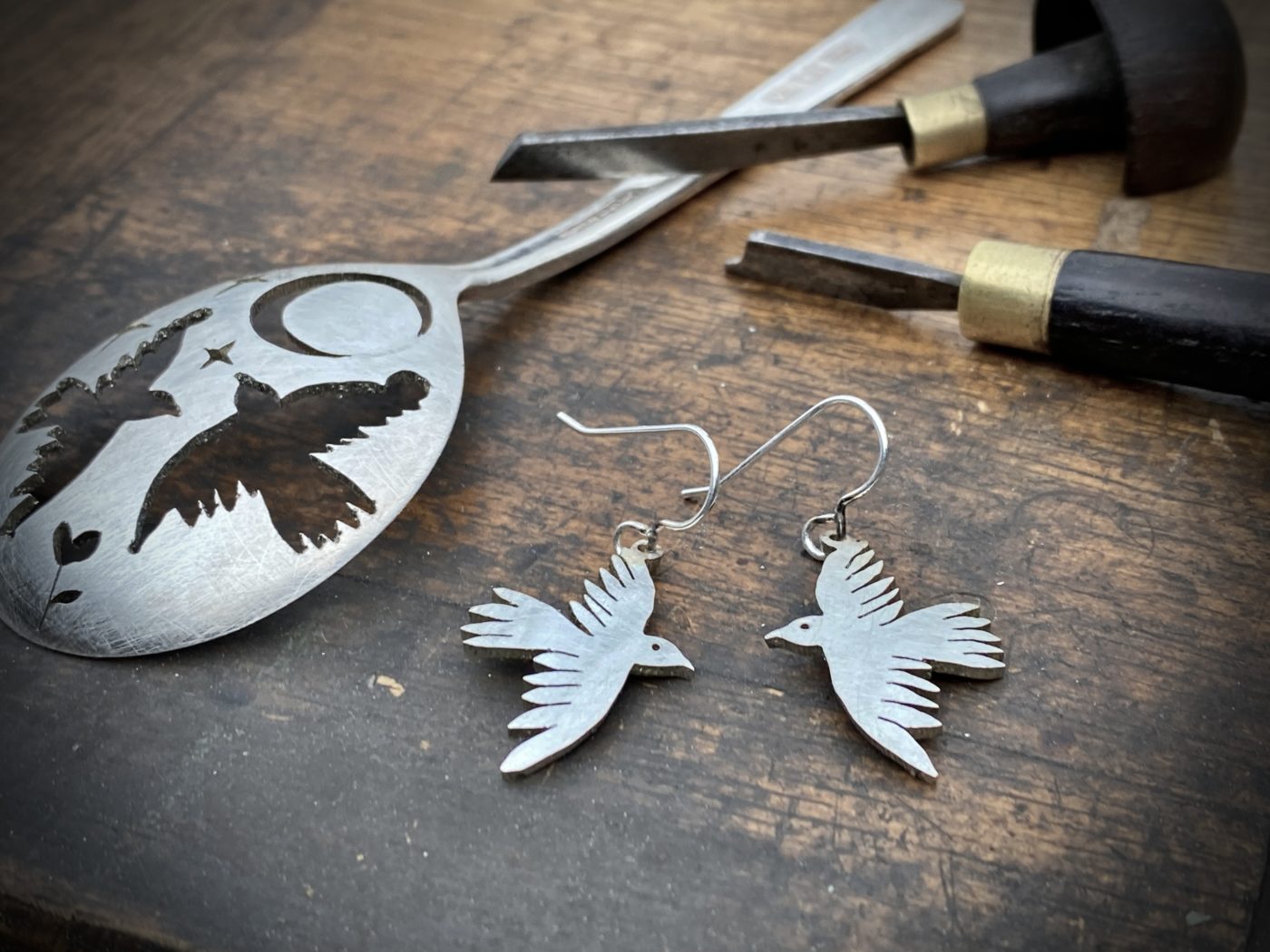 handmade and upcycled spoon watchful, mindful bird earrings