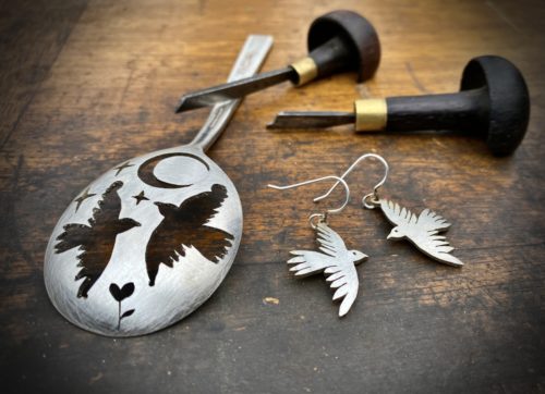 handmade and upcycled spoon watchful, mindful bird earrings