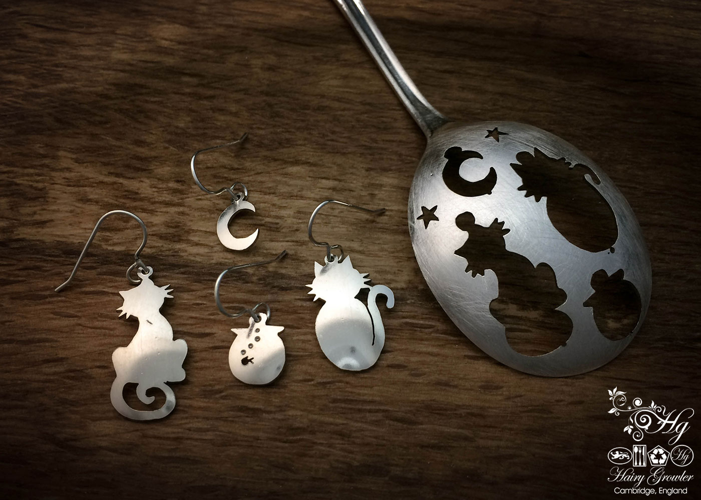 handmade and upcycled spoon cat and fish bowl earrings