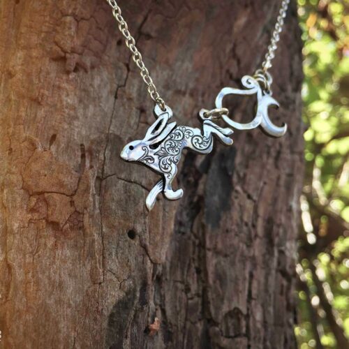 Leaping hare necklace handmade and recycled silver coin jewellery ethically handcrafted at an independant artisan studio workshop