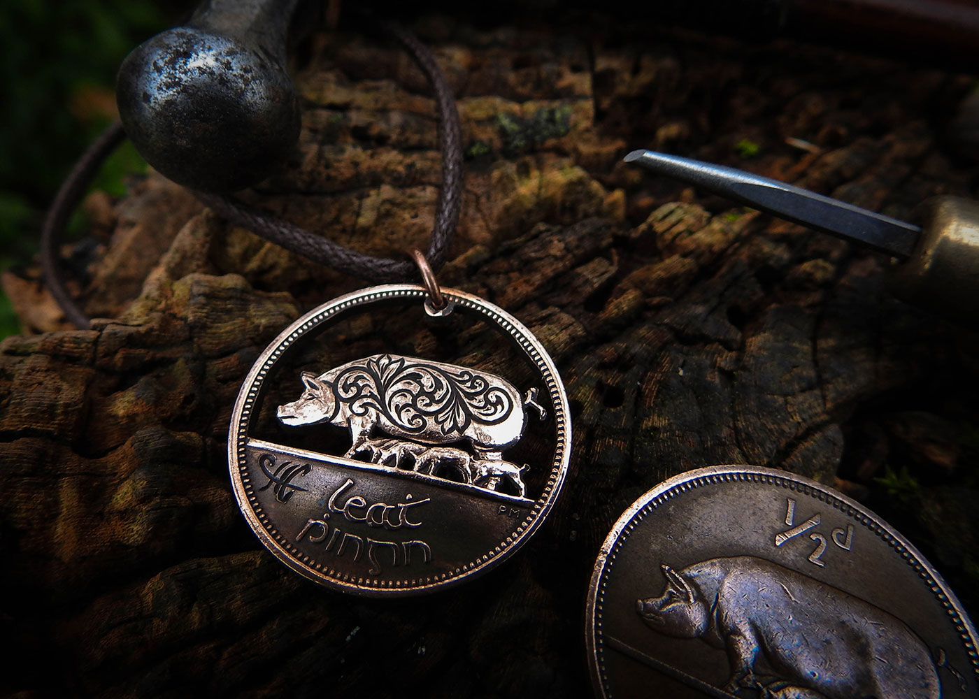Hand cut coin jewellery - Irish half penny sow and piglets recycled