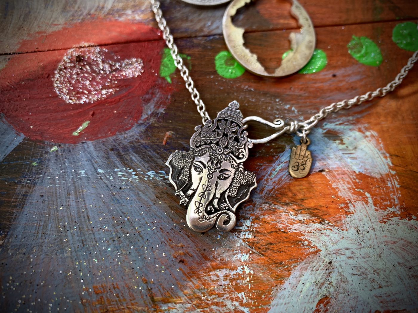 Ganesha silver pendant - handmade and recycled using silver coins