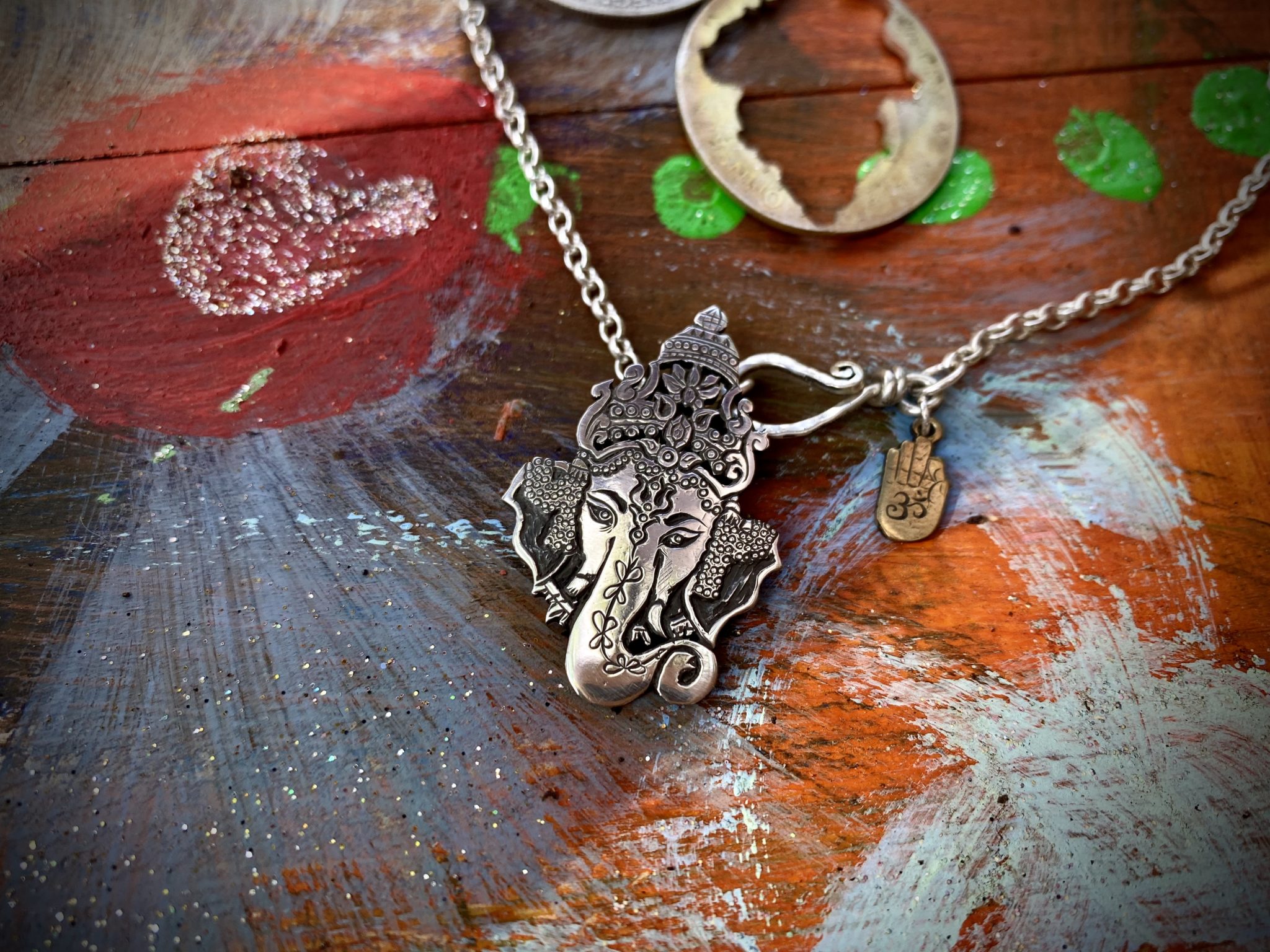 Ganesha silver pendant - handmade and recycled using silver coins