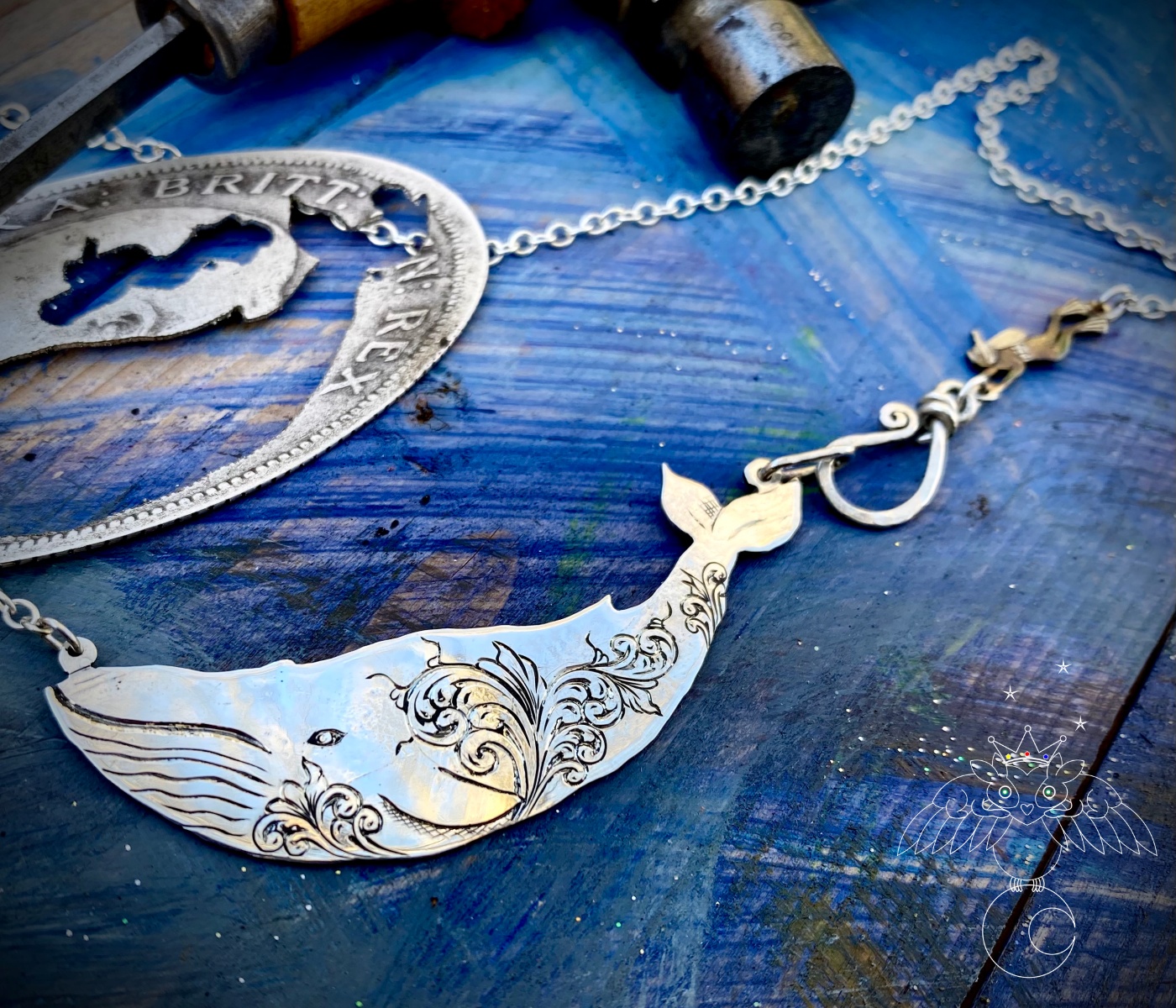 handmade and recycled silver whale necklace