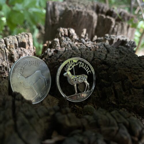 Handmade and upcycled Red Deer one Punt coin brooch
