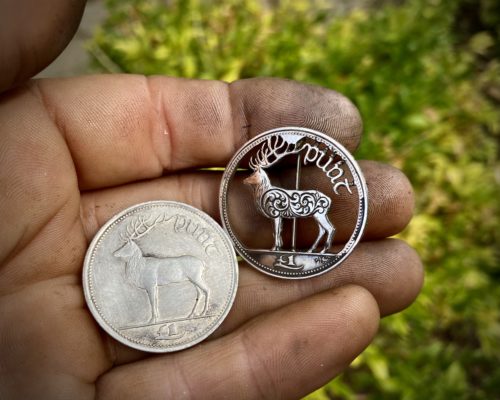 Handmade and upcycled Red Deer one Punt coin brooch