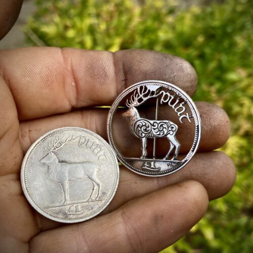 Handmade and upcycled Red Deer one Punt coin brooch