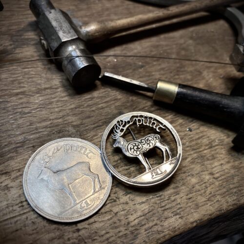 Handmade and upcycled Red Deer one Punt coin brooch