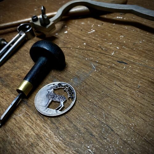 Handmade and upcycled Red Deer one Punt coin brooch