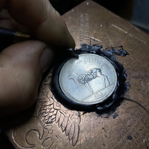 Handmade and upcycled Red Deer one Punt coin brooch