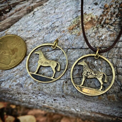Handmade and recycled irish hunter horse coin pendant necklace