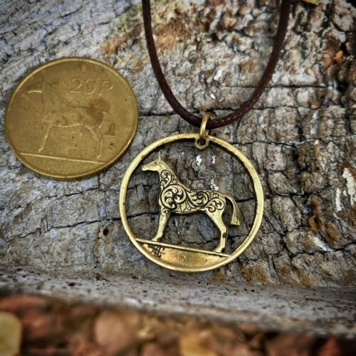 Handmade and recycled irish hunter horse coin pendant necklace