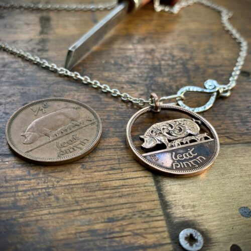 hand cut Irish coin wow and piglets family jewellery