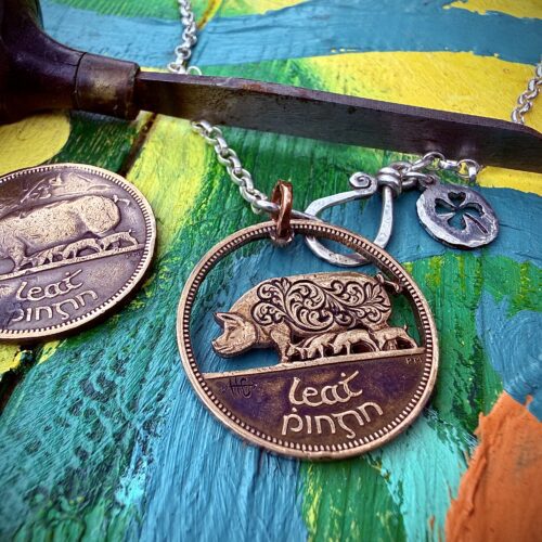 Hand cut coin jewellery - Irish half penny sow and piglets recycled