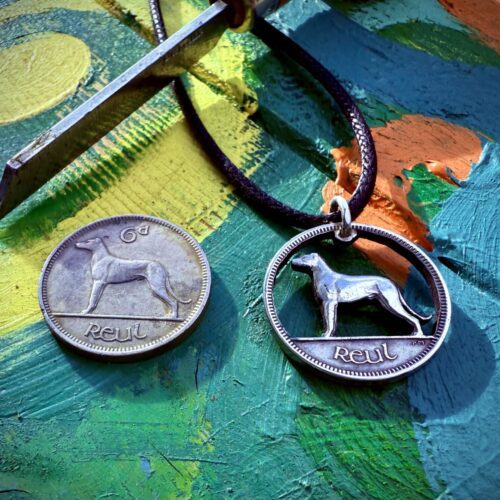 Handmade and carved Irish wolfhound sixpence coin pendant