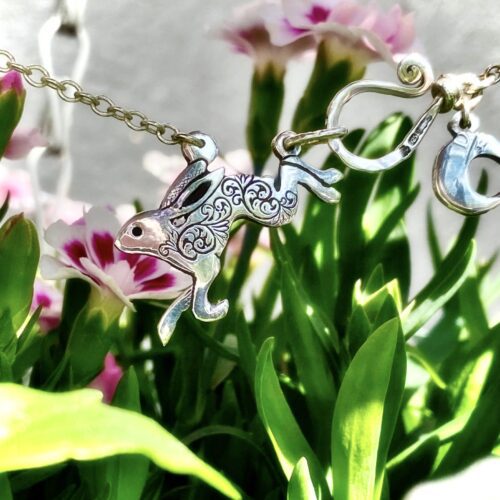 Leaping hare necklace handmade and recycled silver coin jewellery ethically handcrafted at an independant artisan studio workshop