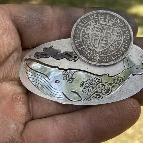 Handcrafted and recycled sterling silver half crown coin leviathan whale necklace