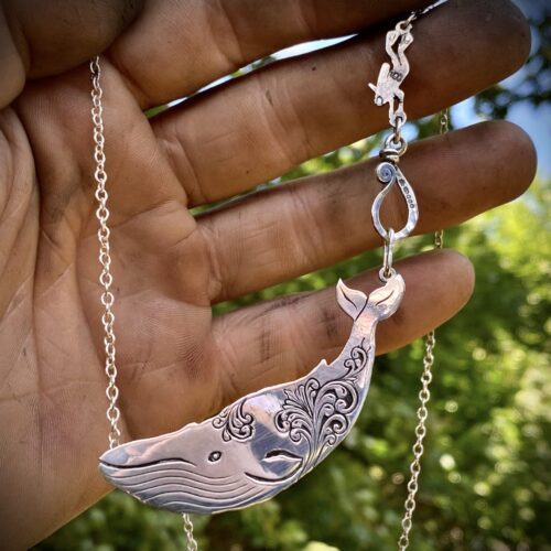 Handcrafted and recycled sterling silver half crown coin leviathan whale necklace Moby Dick