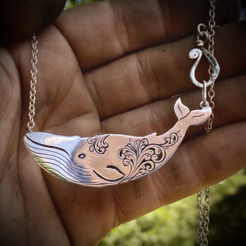 Handcrafted and recycled sterling silver half crown coin leviathan whale necklace Moby Dick
