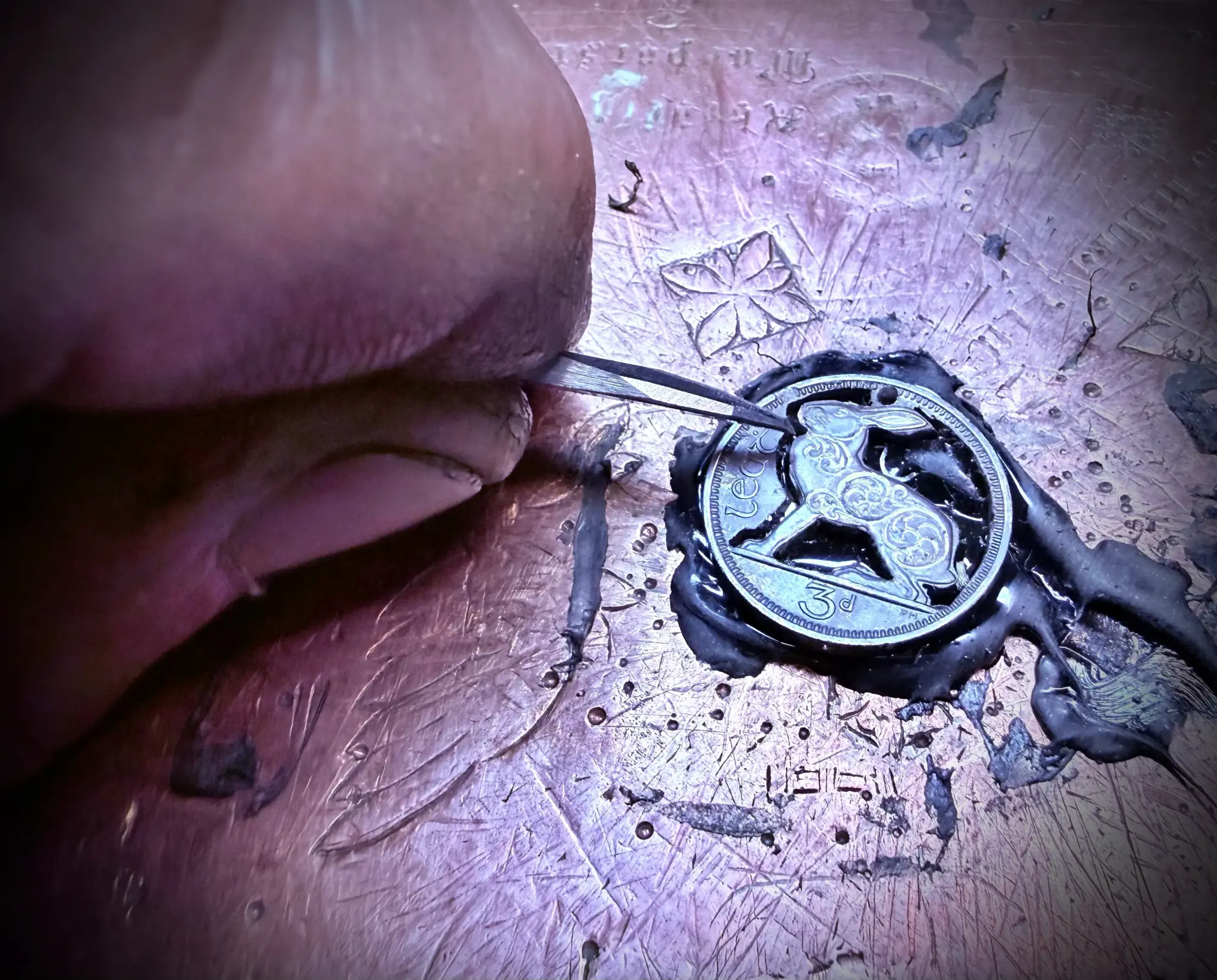 Irish hare coin - transformed with traditional hand tools and techniques.