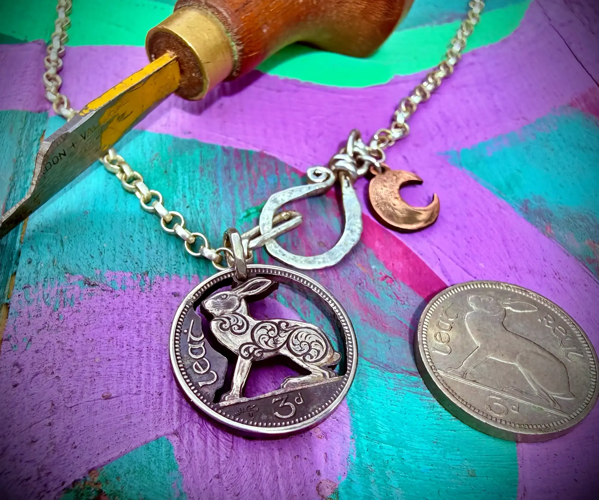 Irish hare coin - transformed with traditional hand tools and techniques.