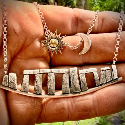 Stonehenge Celestial necklace a signature work by Hairy Growler, Cambridge. Made in England