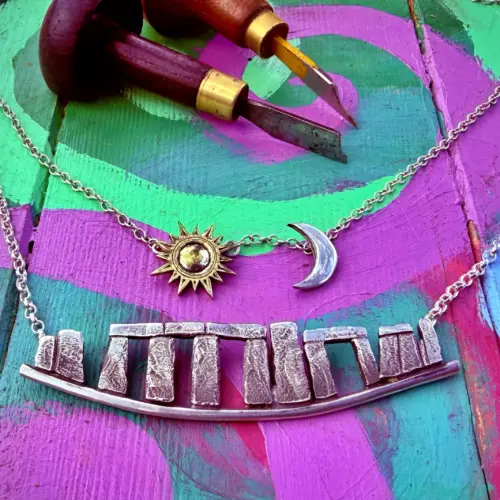 Stonehenge Celestial necklace a signature work by Hairy Growler, Cambridge. Made in England