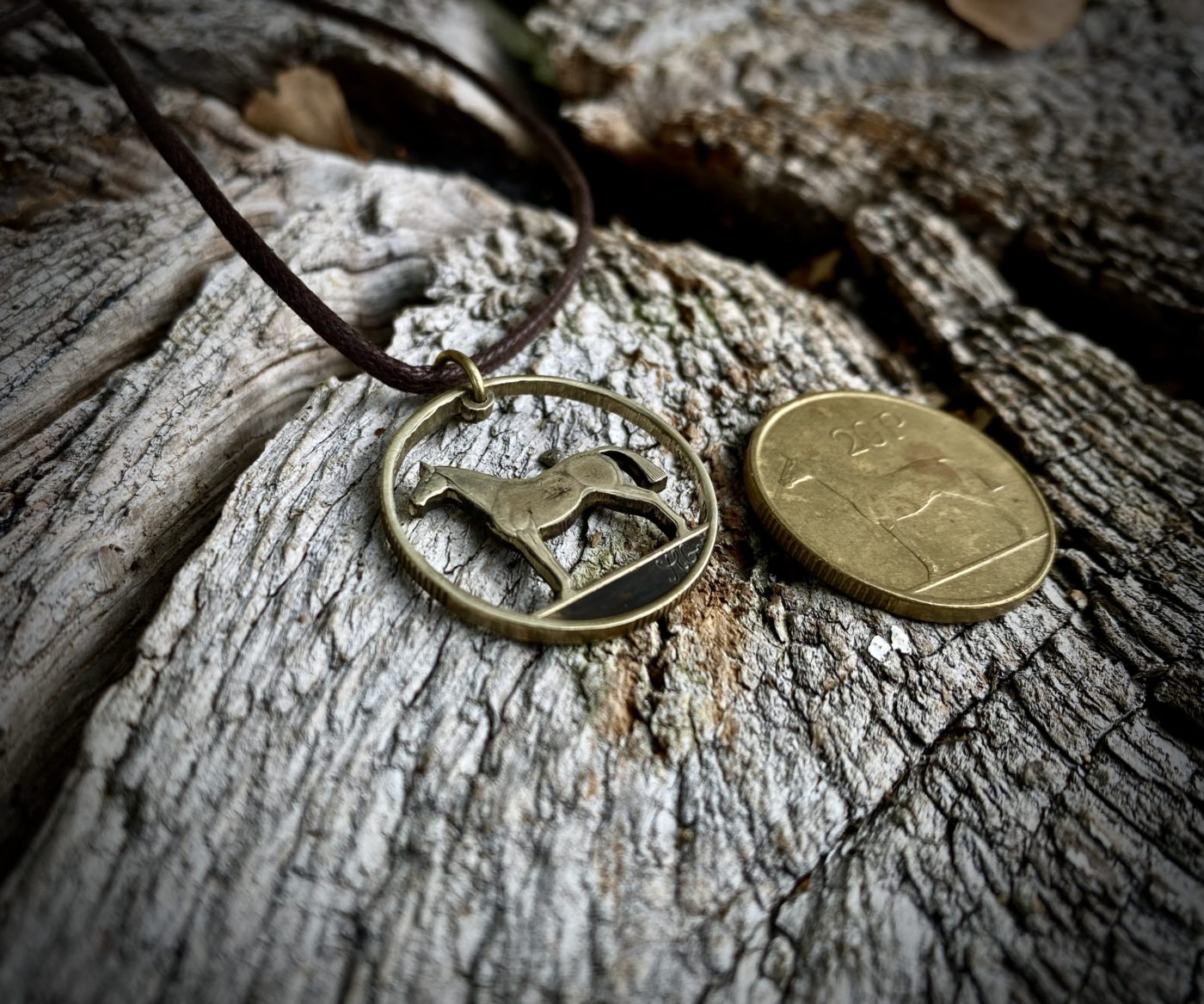 Handmade and recycled irish hunter horse coin pendant necklace