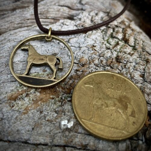 Handmade and recycled irish hunter horse coin pendant necklace