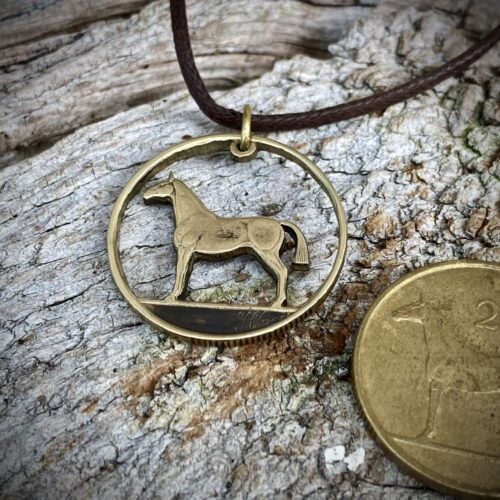 Handmade and recycled irish hunter horse coin pendant necklace