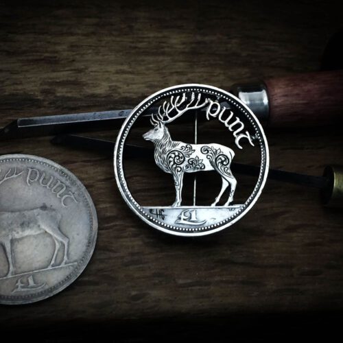Handmade and upcycled Red Deer one Punt coin brooch