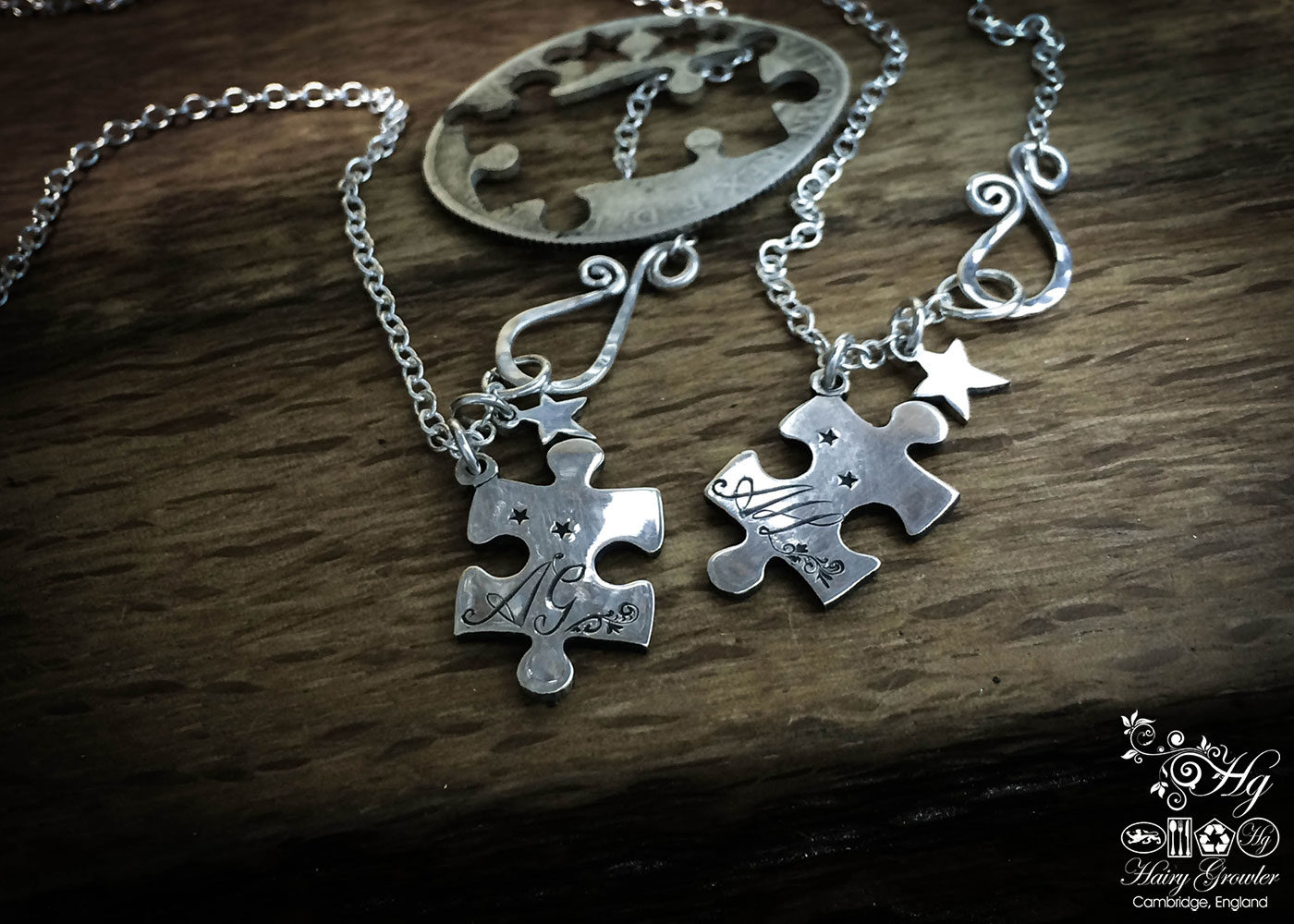 Handmade and repurposed jigsaw pieces necklace silver coin