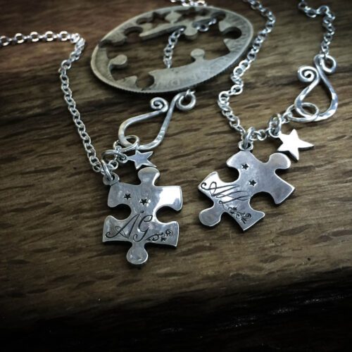 Handmade and repurposed jigsaw pieces necklace silver coin
