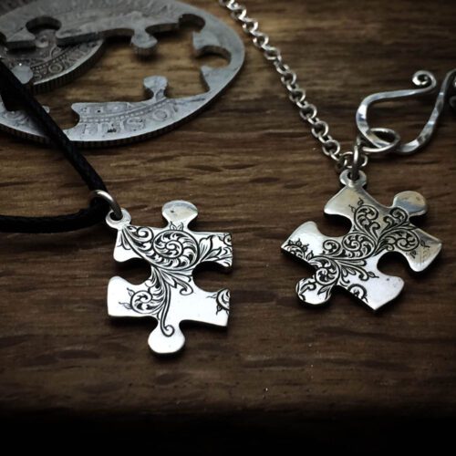 Handmade and upcycled jigsaw pieces necklace silver coin