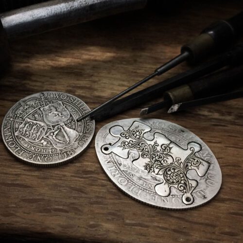 Handmade and upcycled jigsaw pieces necklace silver coin