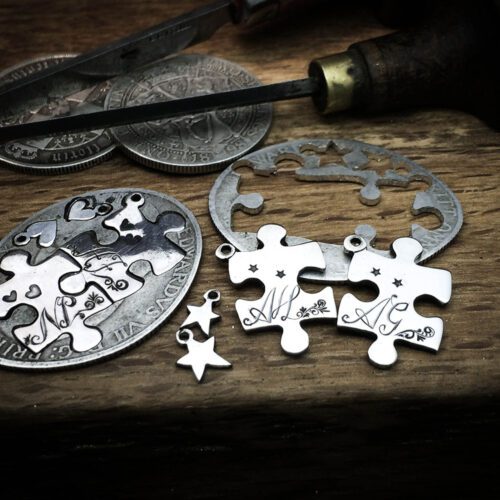 Handmade and repurposed jigsaw pieces necklace silver coin