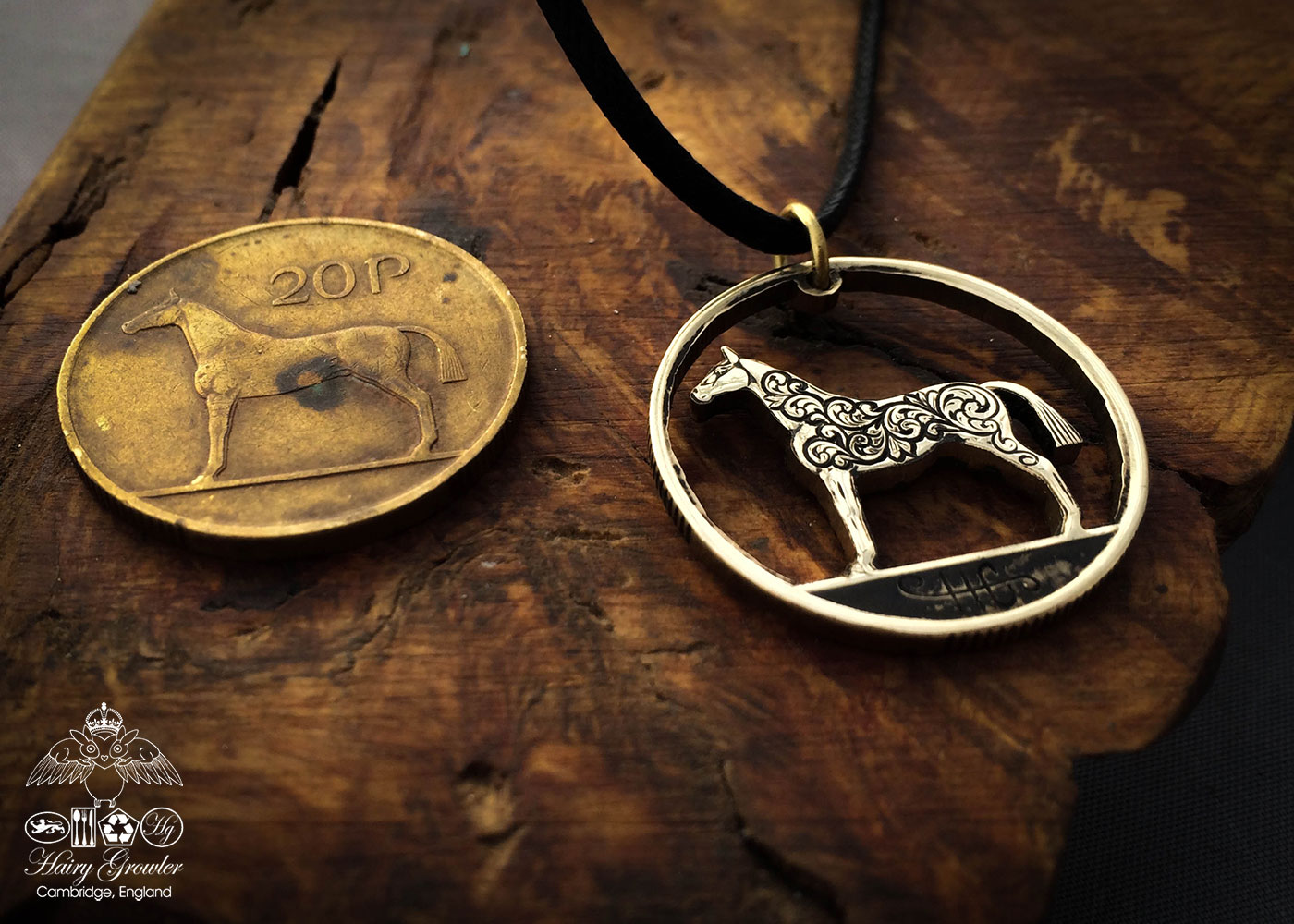 Handmade and recycled irish hunter horse coin pendant necklace