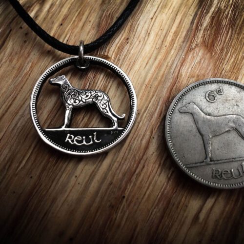 Handmade and carved Irish wolfhound sixpence coin pendant