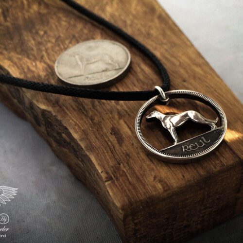 Handmade and carved Irish wolfhound sixpence coin pendant