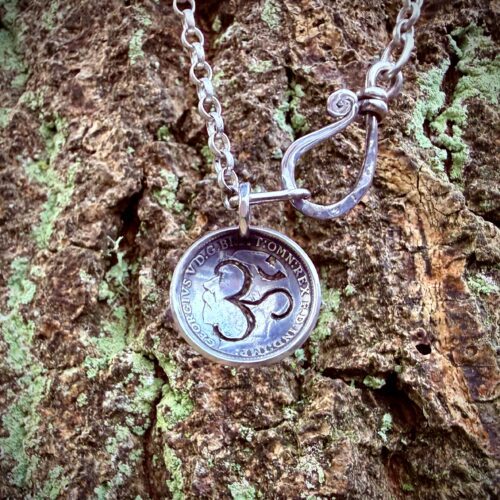 handmade sterling silver coin om necklace pendant made in England from ethical recycled silver