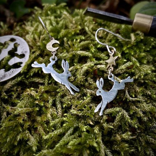 leaping hare earrings silver coins