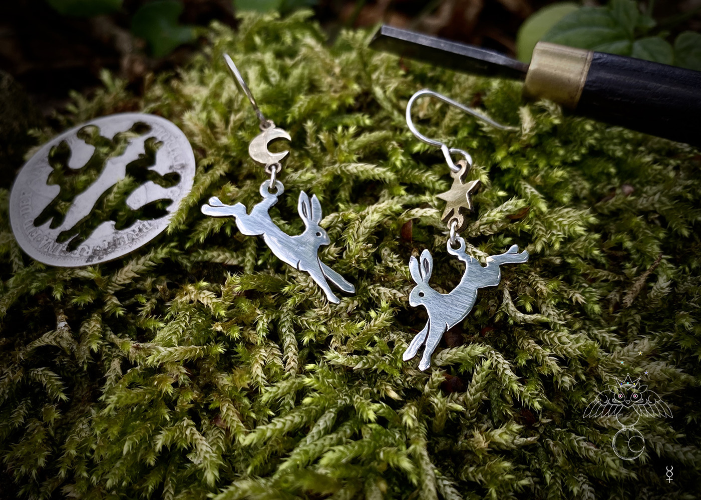 leaping hare earrings silver coins