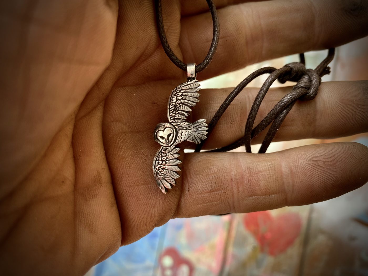 flying owl necklace handcrafted and ethical made from recycled silver coins