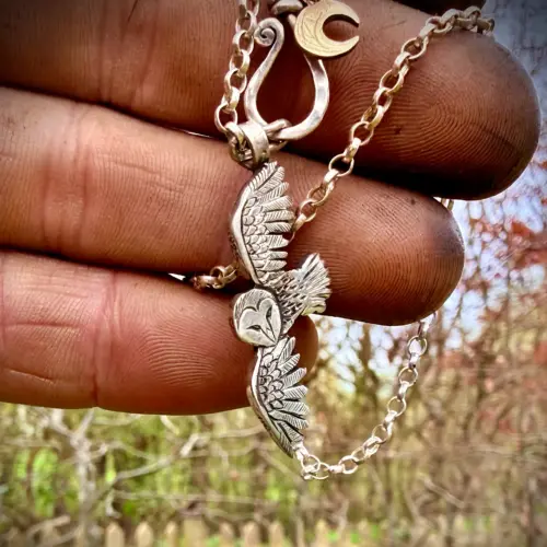 owl jewellery handmade and recycled silver coins flying playful owl charm for a tree sculpture, necklace or bracelet