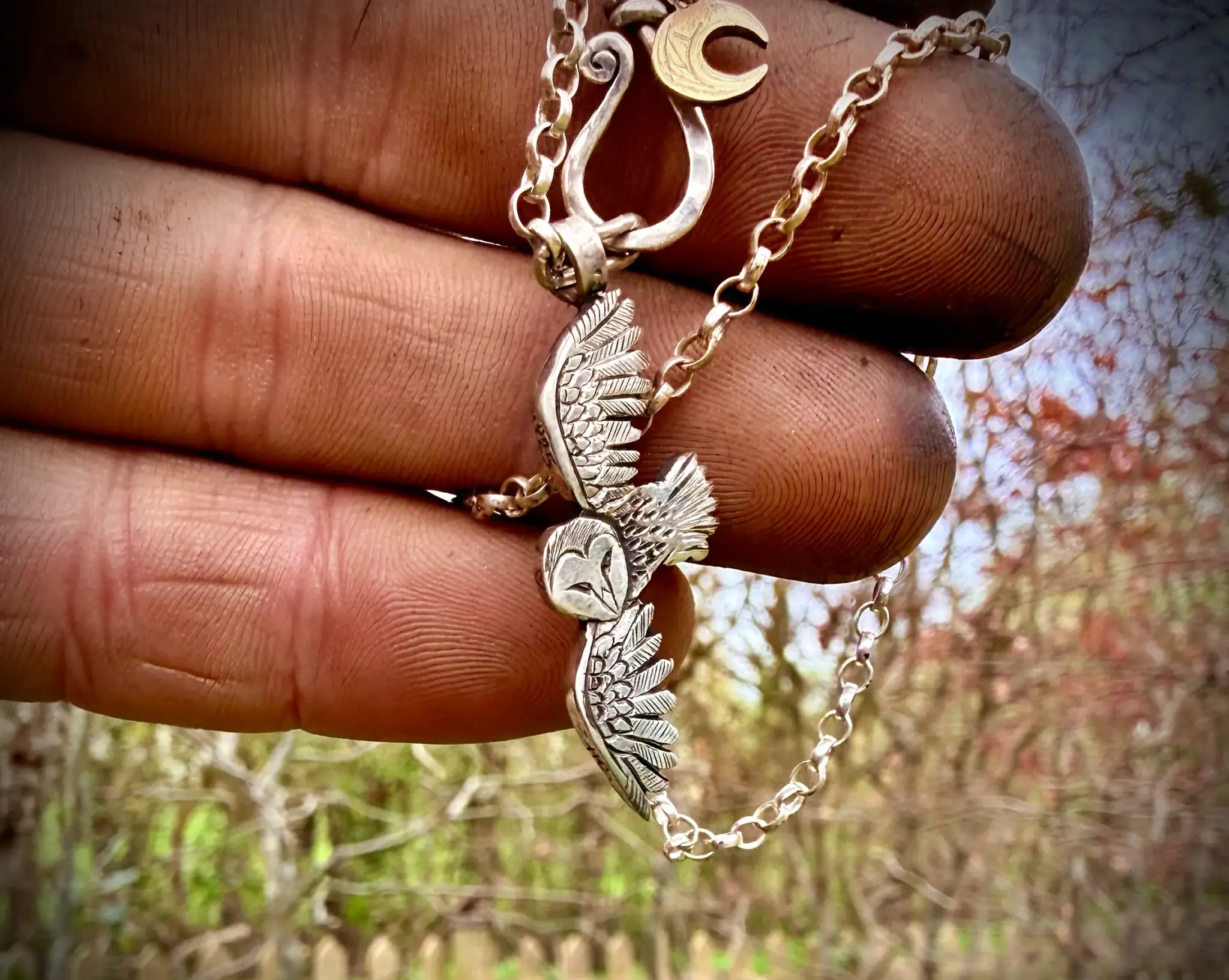 owl jewellery handmade and recycled silver coins flying playful owl charm for a tree sculpture, necklace or bracelet