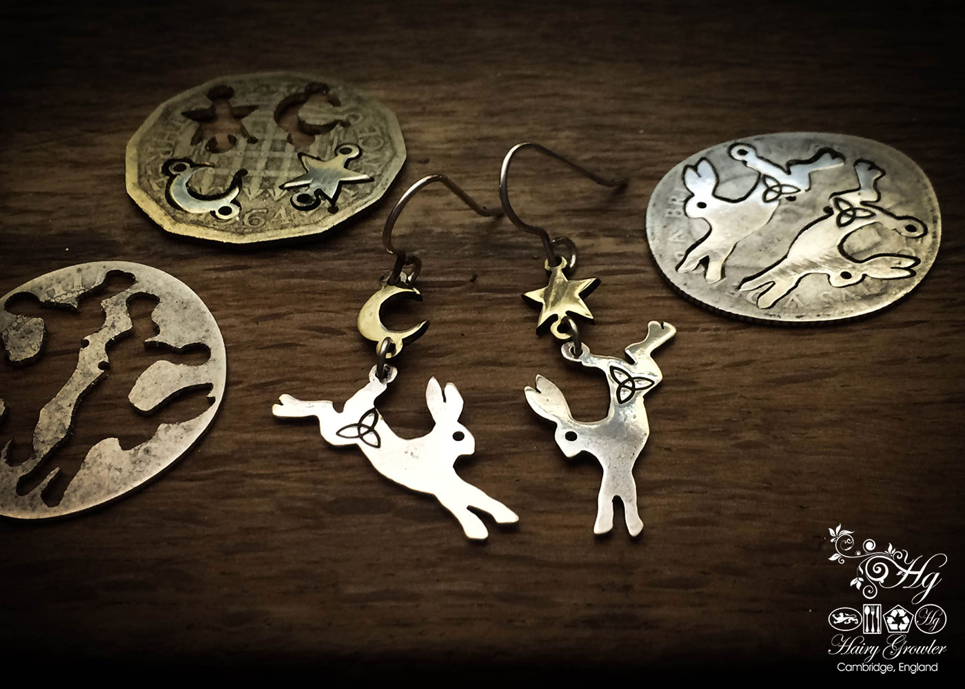 handcrafted and upcycled silver Georgian shilling hare earrings made in Cambridge